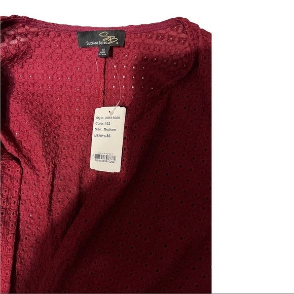 Suzanne Betro Burgundy Bell Sleeve Collarless One Button Peplum Style Eyelet Top - Picture 6 of 6